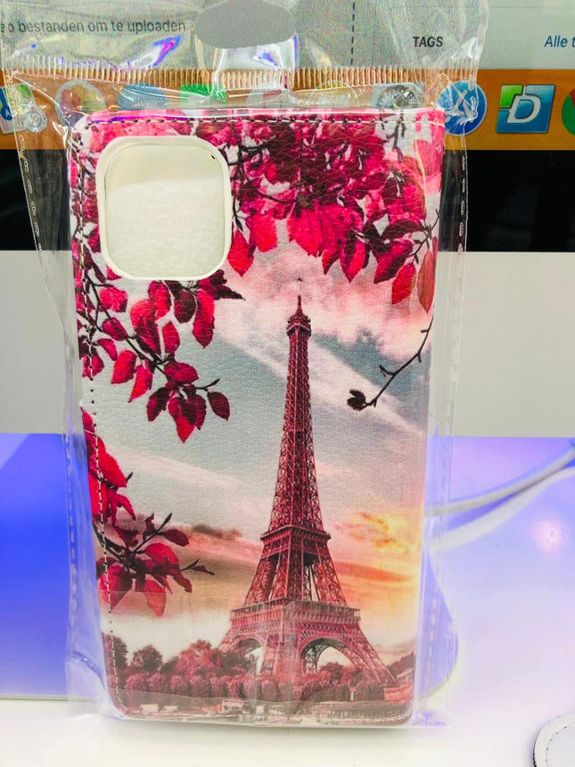 iPhone 11 Pro Max hoesje Bloemen met Parijs Eiffeltoren print - Wallet Case Eiffel tower Paris