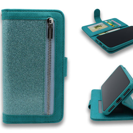 Samsung Galaxy A70 hoesje groen met rits en glitters portemonnee walletcase
