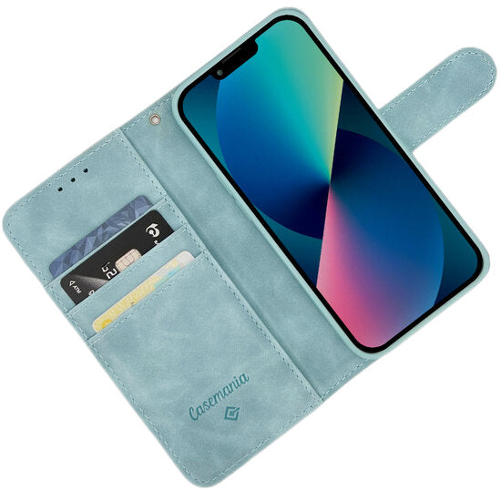 CaseMania iPhone 14 Turquoise hoesje Suede High Quality Bookcase