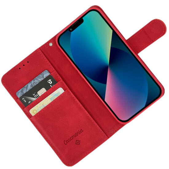 CaseMania iPhone 14 Rote Hülle Wildleder Hochwertiges Bücherregal