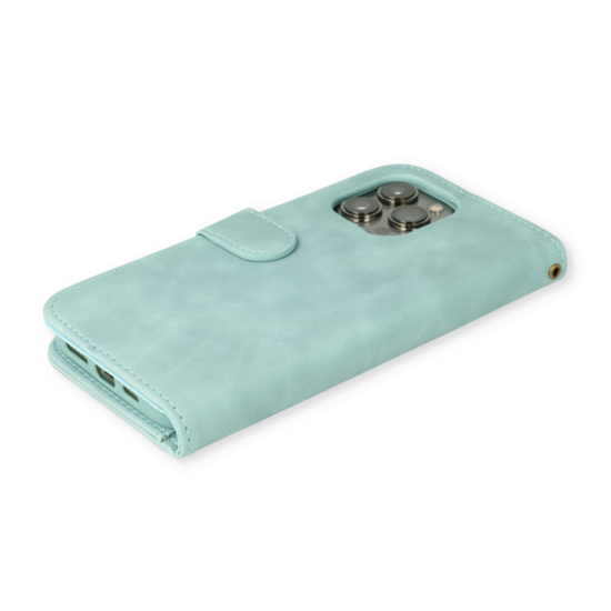 CaseMania – iPhone 14 Pro – Türkisfarbenes Wildleder-Luxus-Bücherregal mit Reißverschluss