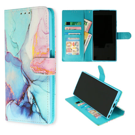 iPhone 7/8/SE 2020 / 2022 hoesje Bookcase Print - Marmer Blauw-Roze