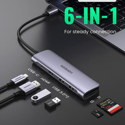 UGREEN CM195 Type C hub adopter 6 in 1 USB-C naar 2x USB 3.0, HDMI, SD/microSD, 100W (grijs)