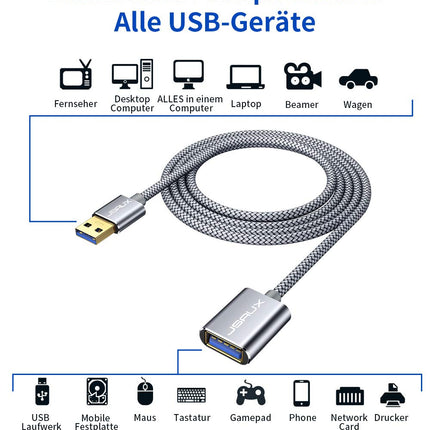 2 m langes USB 3.0-Verlängerungskabel, A-Stecker auf USB-Buchse, silberfarben