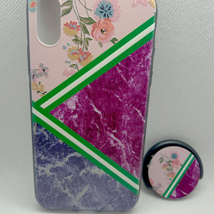 iPhone X / iPhone Xs hoesje achterkant marmar en bloemen design met pop houder socket fashion case