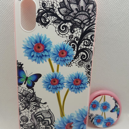 iPhone XS / iPhone X hoesje achterkant blauw bloemen met pop houder socket fashion case