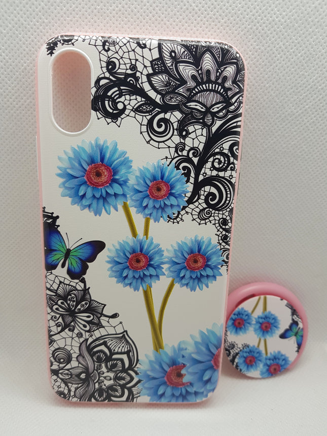 iPhone XS / iPhone X hoesje achterkant blauw bloemen met pop houder socket fashion case