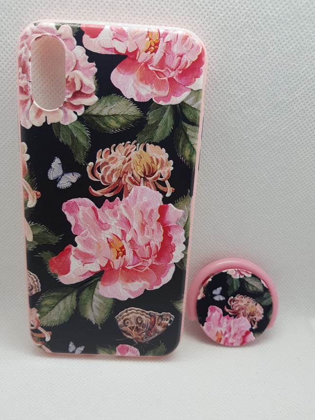iPhone XS / iPhone X hoesje achterkant bloemen met pop houder socket fashion case