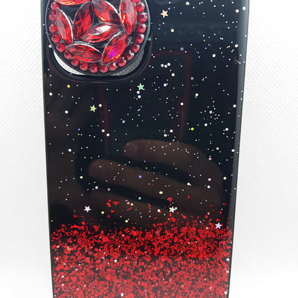 iPhone 12 Pro Max hoesje achterkant rood en zwart glitters bling met pop houder socket luke fashion case