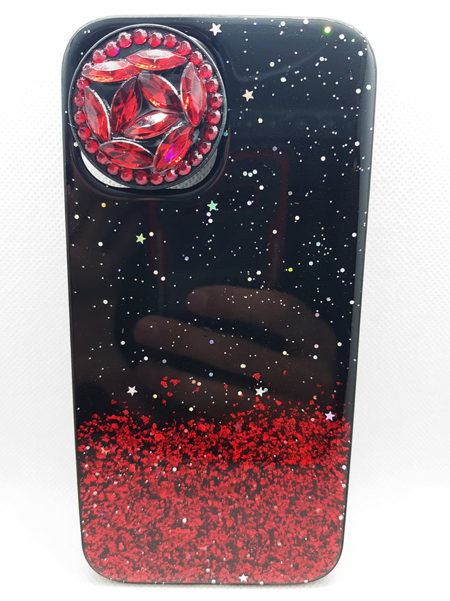 iPhone 12 Pro Max hoesje achterkant rood en zwart glitters bling met pop houder socket luke fashion case
