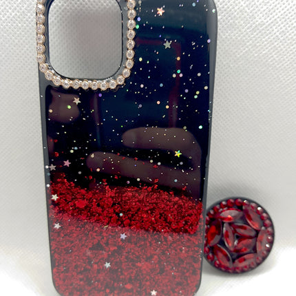 iPhone 12 Mini hoesje achterkant rood en zwart glitters bling met pop houder socket luke fashion case