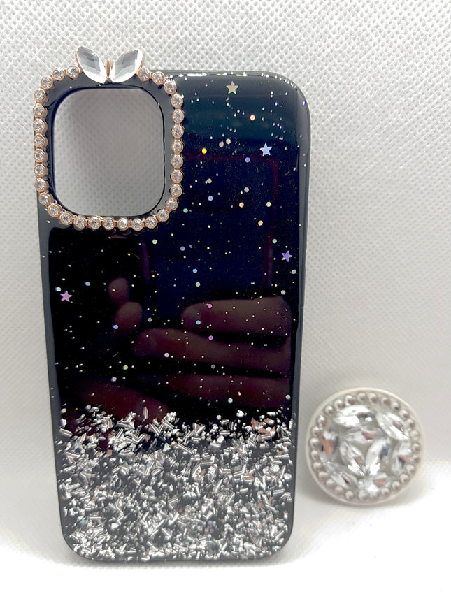 Rückseite der iPhone 12 Mini-Hülle in Silber und Schwarz mit glitzerndem Bling und Pop-Halter-Sockel, Luke Fashion Case 