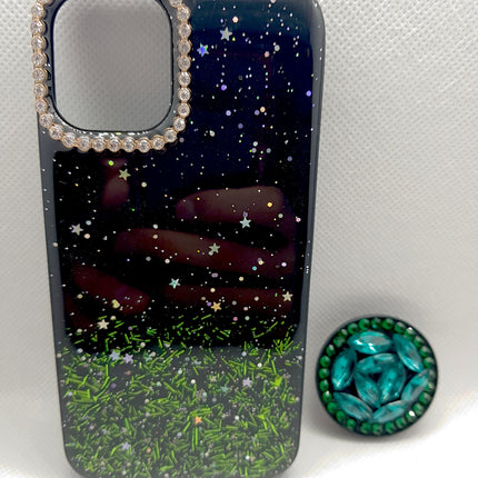 iPhone 12 Mini hoesje achterkant groen en zwart glitters bling met pop houder socket luke fashion case