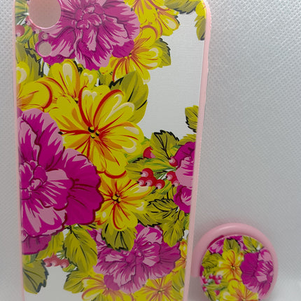 iPhone XR hoesje achterkant hoesje roze en geel bloemen met popsocket