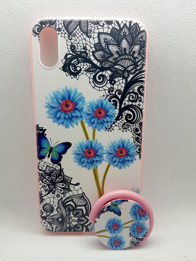 iPhone Xs Max-Hülle mit blauem Blumenmuster und Popsocket-Rückseite