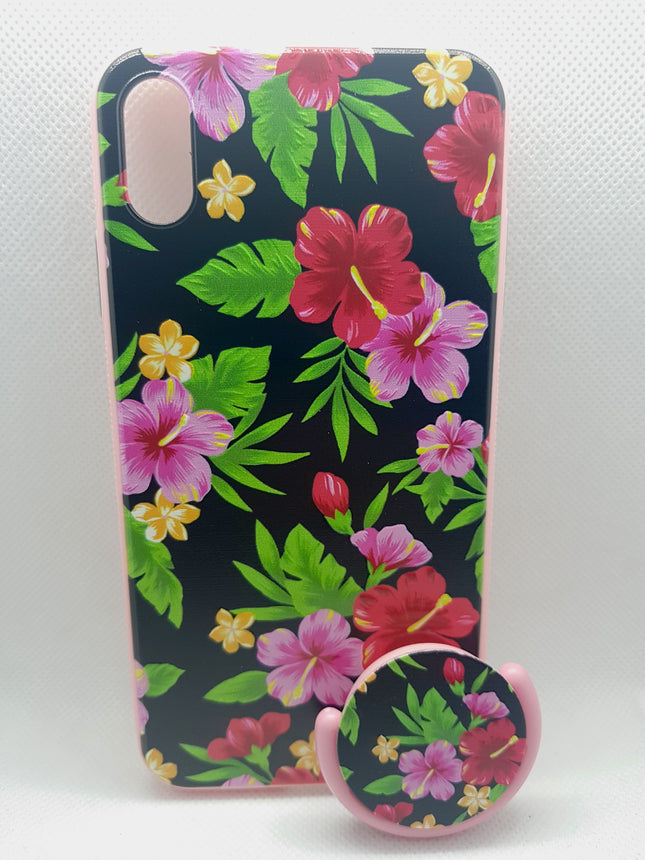 iPhone Xs Max-Hülle mit grünem, rotem Blumenmuster und Popsocket-Rückseite