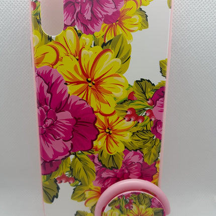 iPhone Xs Max hoesje achterkant geel roze bloem fashion met popsocket backcover
