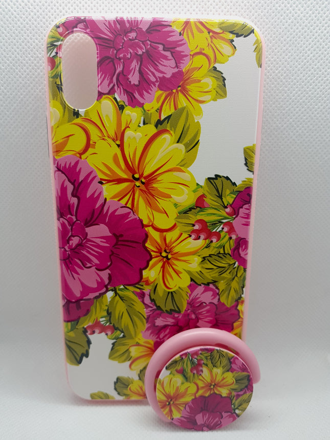 iPhone Xs Max-Hülle mit gelb-rosa Blumenmuster und Popsocket-Rückseite 