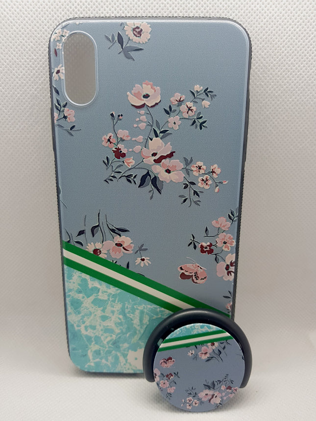iPhone Xs Max-Hülle mit Blumenmuster, grün gestreift, Rückseite mit Popsocket-Rückseite