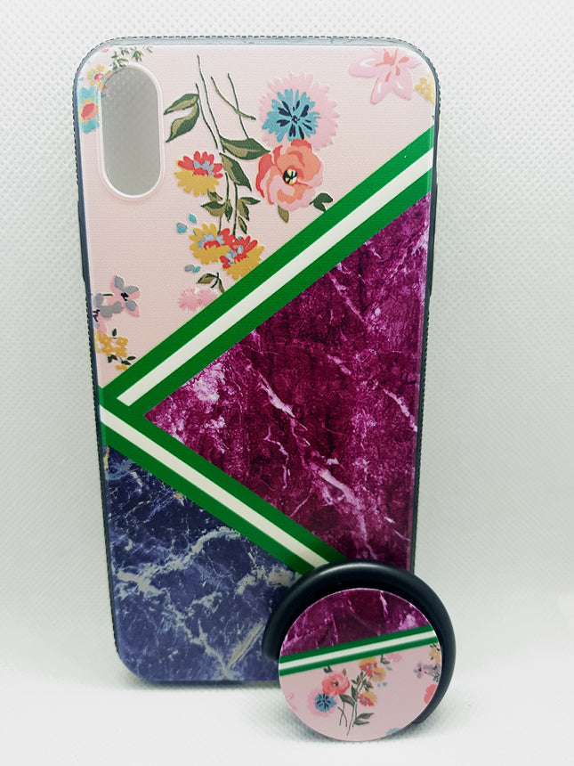 iPhone Xs Max-Hülle mit Steingrün-Streifen-Motiv auf der Rückseite und Popsocket-Rückseite