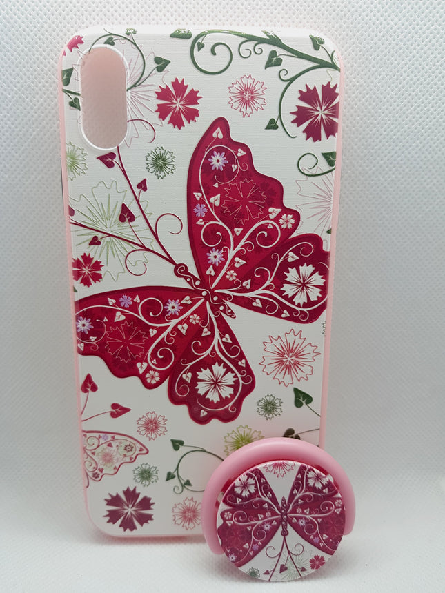 iPhone Xs Max-Hülle mit roter Schmetterlings-Blumen-Motivrückseite und Popsocket-Rückseite