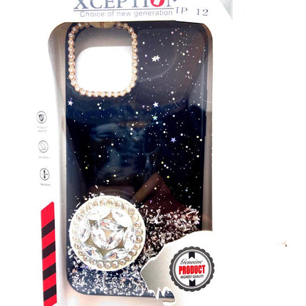 iPhone 12 / 12 Pro achterkant hoesje zilver glitters met zwart achtergrond bling bling met popsocket houder fashoin hoesje Shockproof Case