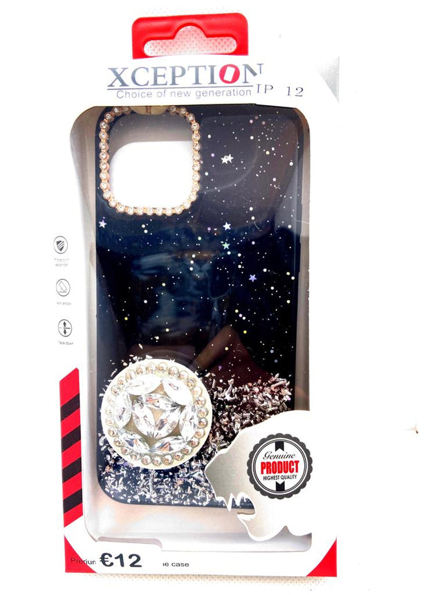 iPhone 12 / 12 Pro achterkant hoesje zilver glitters met zwart achtergrond bling bling met popsocket houder fashoin hoesje Shockproof Case