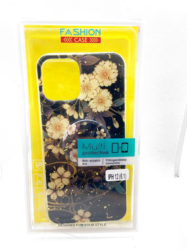 iPhone 12 / 12 Pro hoesje achterkant leuke print zwart achtergrond met popsocket houder fashoin case Shockproof cover