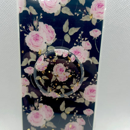iPhone 6 / 6S-Hülle in Blumenform mit schwarzem Design und Pop-Halter-Sockel auf der Rückseite 