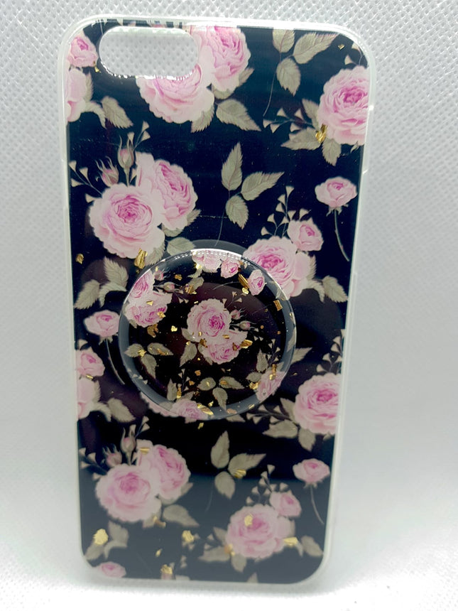 iPhone 6 / 6S-Hülle in Blumenform mit schwarzem Design und Pop-Halter-Sockel auf der Rückseite 