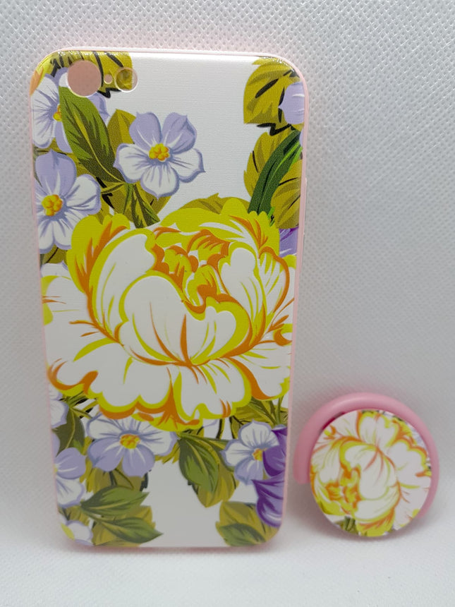 iPhone 7/ 8 Plus hoesje geel bloemen print met pophouder socket vinger achterkant backcover case