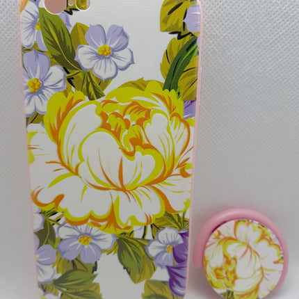 iPhone 6/ 6s hoesje geel bloemen print met pophouder socket vinger achterkant backcover case