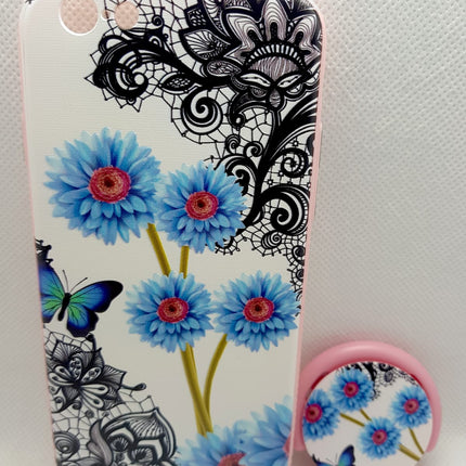 iPhone 6/ 6s hoesje hoesje achterkant blauwe bloemen fashion design met popsocket houder