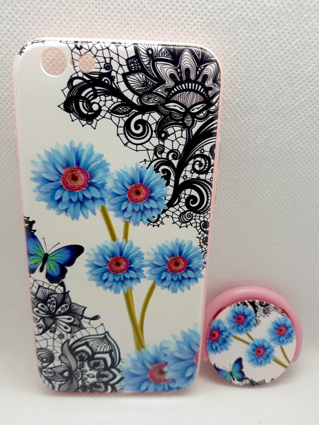 Rückseite der iPhone 6/6s-Hülle mit blauem, floralem Modedesign und Popsocket-Halterung