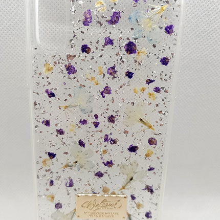 iPhone X / iPhone Xs case back hard transparent glitter with small purple fashion design 