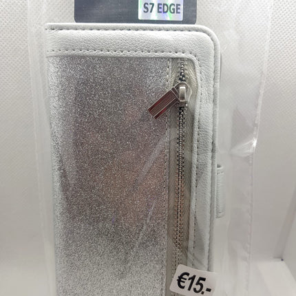 Samsung S7 Edge wallet glitters hoesje zilver met rits en ruimte voor pasjes