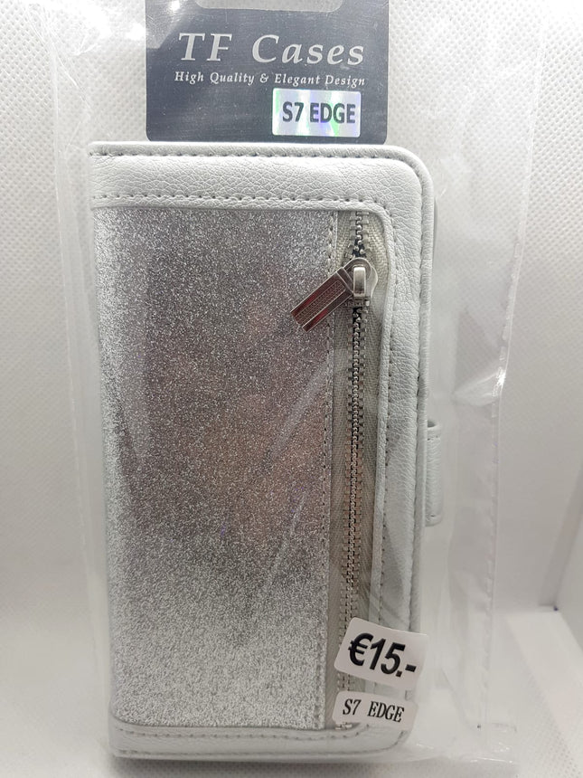 Samsung S7 Edge Glitzer-Geldbörse in Silber mit Reißverschluss und Platz für Karten 