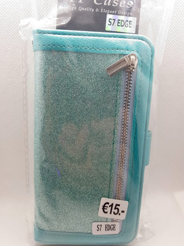 Samsung S7 Edge Wallet Glitzerhülle grün mit Reißverschluss und Platz für Karten 