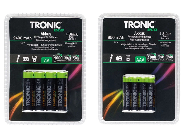 Oplaadbaar AAA en AA Batterijen 4 stuks in verpakking Tronic eco 2400 mAh 1.2 V