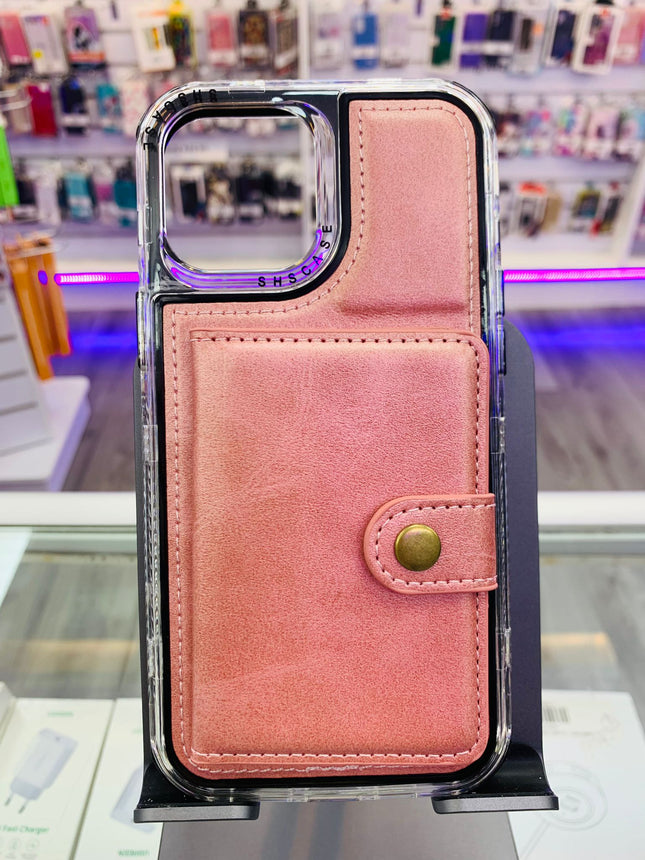 iPhone 13 Pro hoesje roze achterkant met ruimte voor pasjes card holder back case