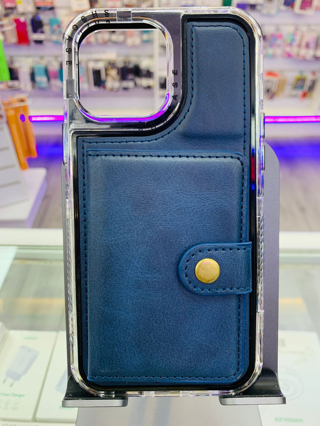 iPhone 13 Pro Max hoesje donker blauw achterkant met ruimte voor pasjes card holder back case
