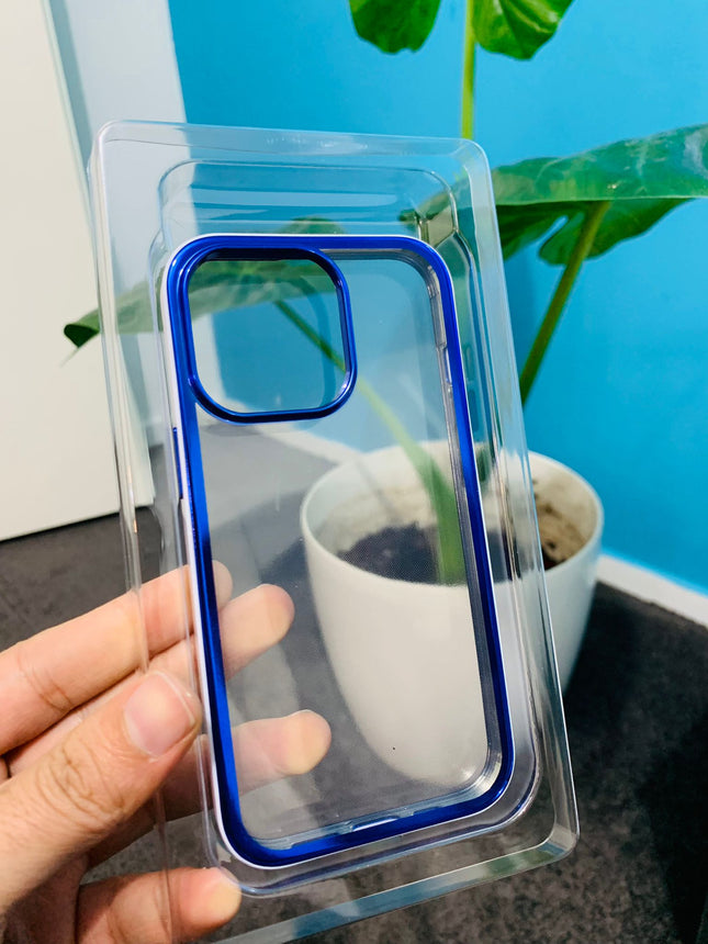 iPhone 13 Pro – transparente Hülle mit blau-weißem Rand