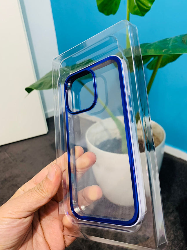 iPhone 13 Pro – transparente Hülle mit blau-weißem Rand