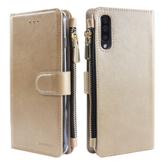 Samsung Galaxy A70 Hülle Gold mit Reißverschluss Wallet Wallet Case – Bücherregal-Ordner