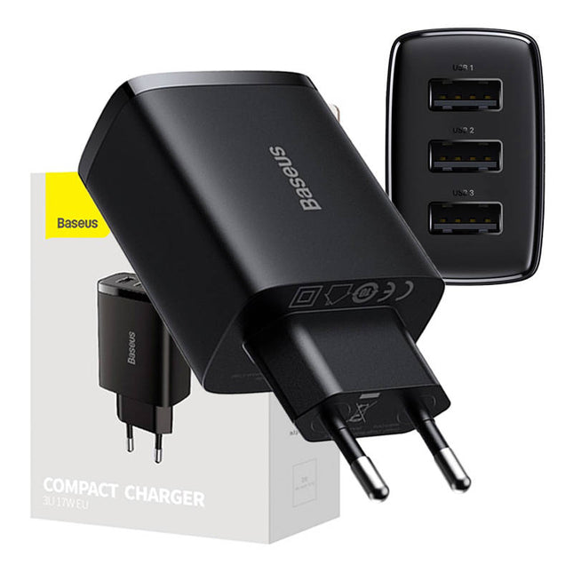 Baseus compact fast charger, 3x USB, 17W (black)