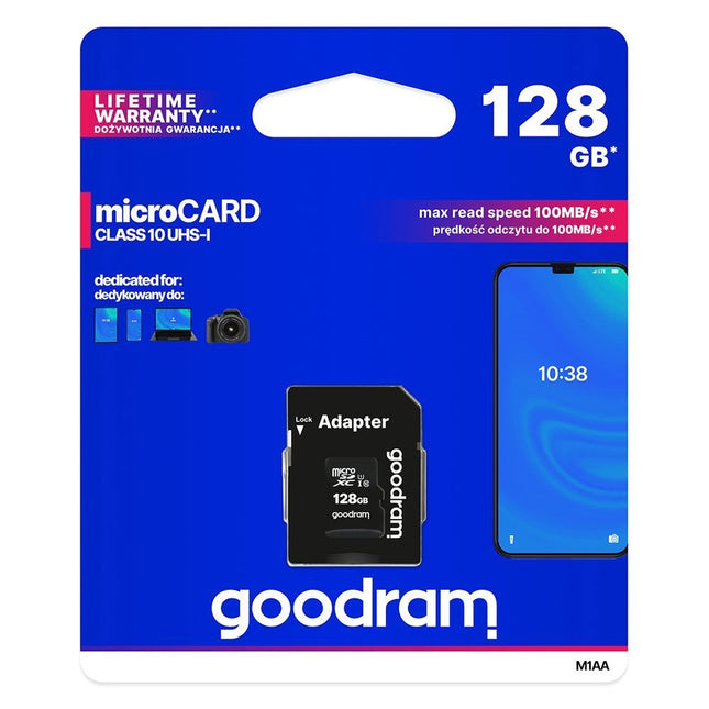 128GB Micro SD Goodram Microcard XC UHS-I class 10 memory card, SD adapter