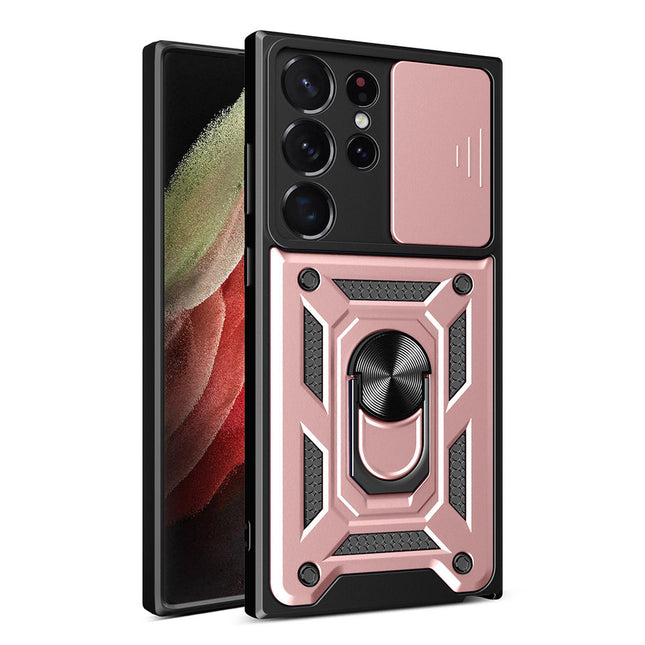 Hybrid Armor Camshield case for Samsung Galaxy S23 Ultra armored case with camera cover pink