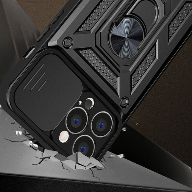 Hybrid Armor Camshield case voor iPhone 14 Pro Max gepantserde case met cameracover zwart