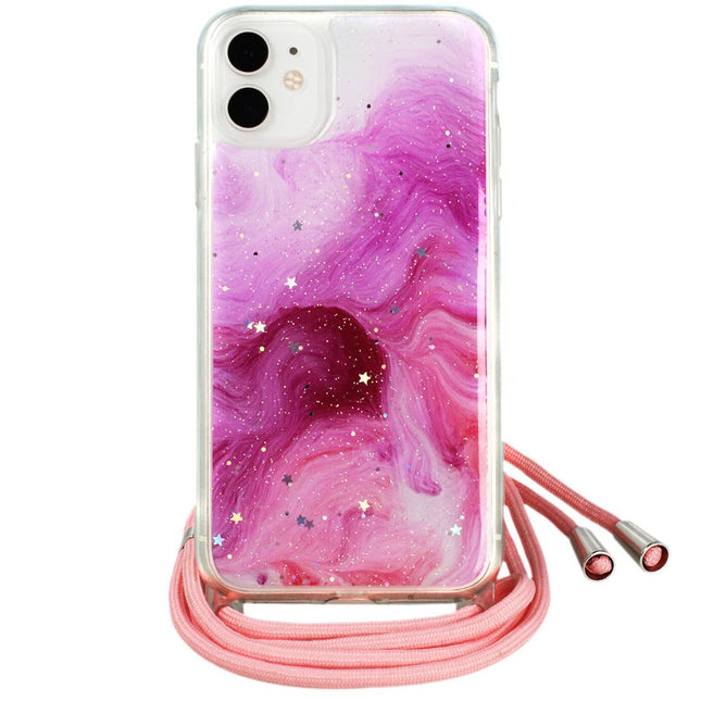 iPhone 11 Pro Max Hülle Silikon mit Kordel Seil Kette Glitzer Pink 