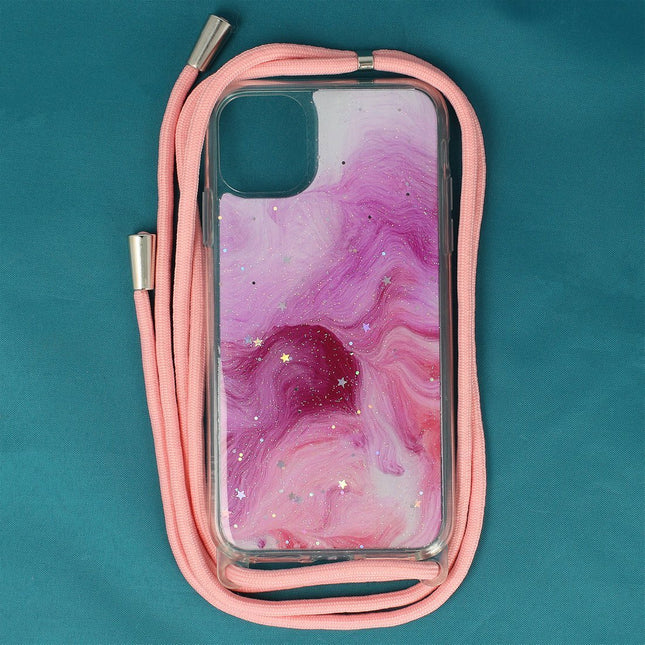 iPhone 11 Pro - Hülle Silikon mit Kordel Seil Halskette Glitzer rosa 
